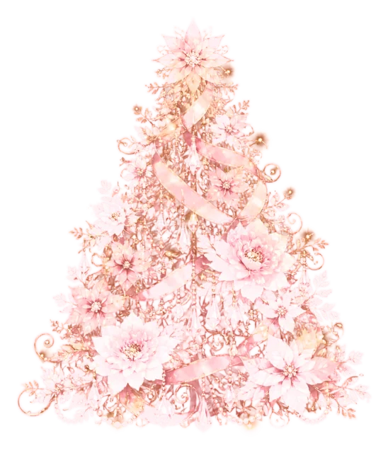 ピンクの花が輝くツリーを描いた夜空に輝く幻想的なクリスマスツリーイラスト