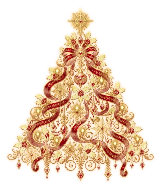 赤と金のリボンの豪華なツリーを描いた夜空に輝く幻想的なクリスマスツリーイラスト