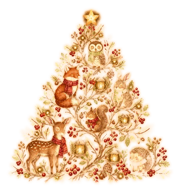 森の動物と金色飾りのツリーを描いた夜空に輝く幻想的なクリスマスツリーイラスト