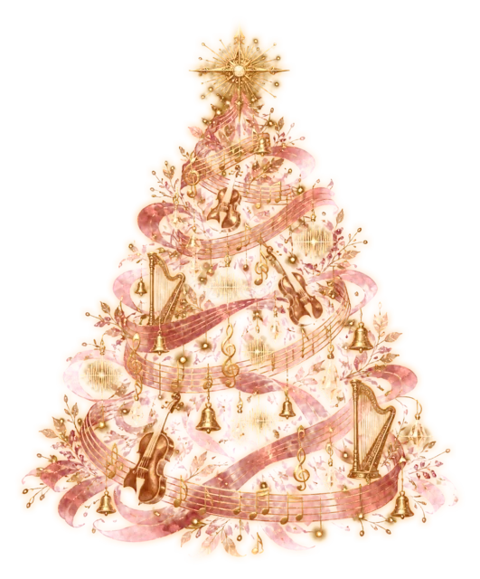 ピンクのリボンを巻いたツリーを描いた夜空に輝く幻想的なクリスマスツリーイラスト