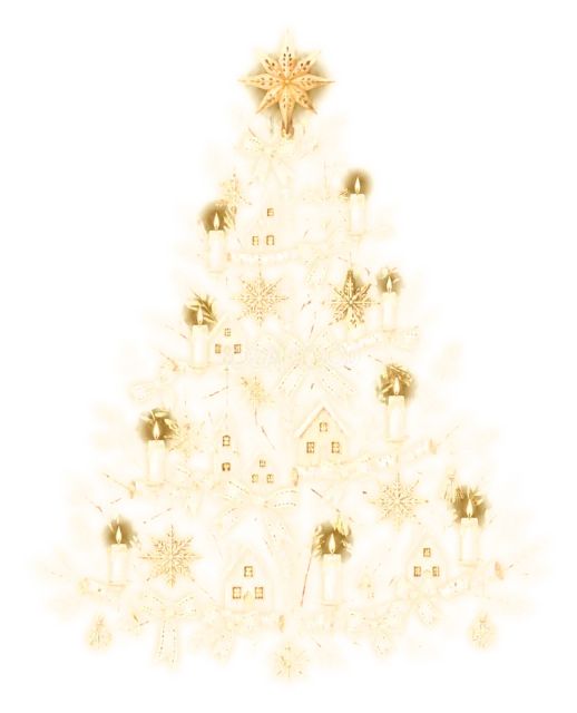 白と金のキャンドル風ツリーを描いた夜空に輝く幻想的なクリスマスツリーイラスト
