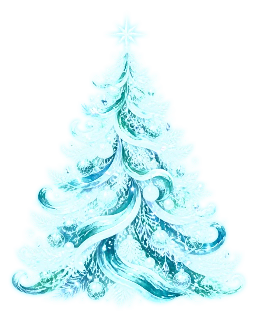 青緑の水彩光が揺れるツリーを描いた夜空に輝く幻想的なクリスマスツリーイラスト