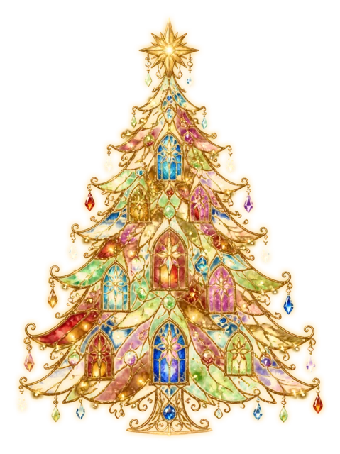 宝石色のステンドグラス風ツリーを描いた夜空に輝く幻想的なクリスマスツリーイラスト