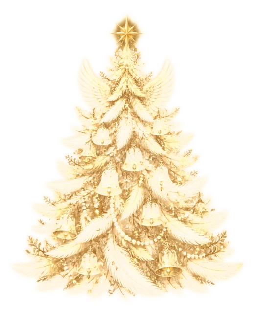雪をまとった金色のツリーを描いた夜空に輝く幻想的なクリスマスツリーイラスト