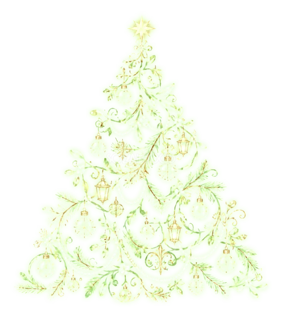 黄緑色にきらめくツリーを描いた夜空に輝く幻想的なクリスマスツリーイラスト