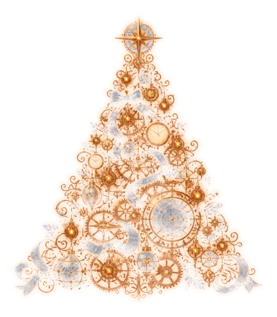 橙色の時計と三日月のツリーを描いた夜空に輝く幻想的なクリスマスツリーイラスト