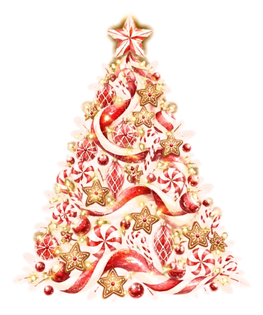 赤いリボンが舞うツリーを描いた夜空に輝く幻想的なクリスマスツリーイラスト