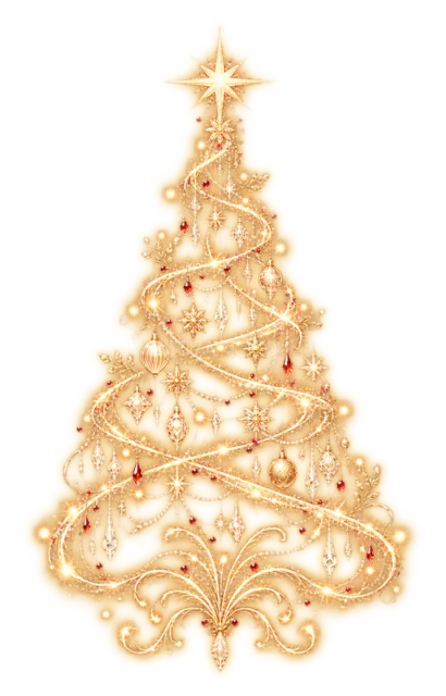 金色の星と光のリボンのツリーを描いた夜空に輝く幻想的なクリスマスツリーイラスト