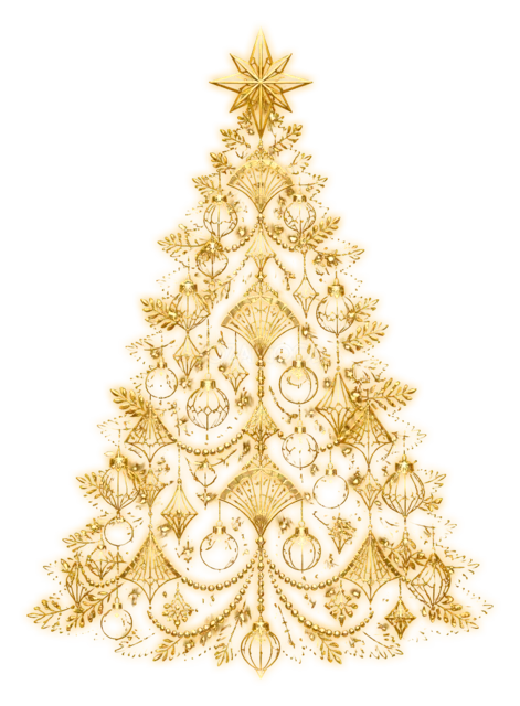 黄金の装飾を重ねたツリーを描いた夜空に輝く幻想的なクリスマスツリーイラスト