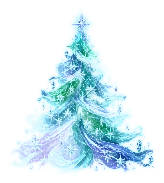 青緑のオーロラ風ツリーを描いた夜空に輝く幻想的なクリスマスツリーイラスト