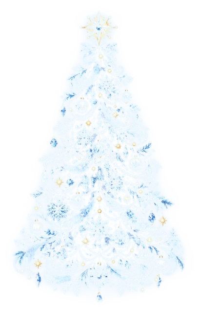 淡い水色の雪の結晶ツリーを描いた夜空に輝く幻想的なクリスマスツリーイラスト