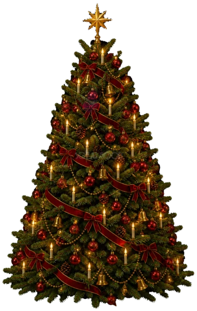 赤いリボンと金の飾りの深緑ツリーを描いたリアルなもみの木の王道クリスマスツリーイラスト