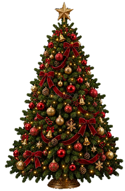 赤と金のオーナメントツリーを描いたリアルなもみの木の王道クリスマスツリーイラスト