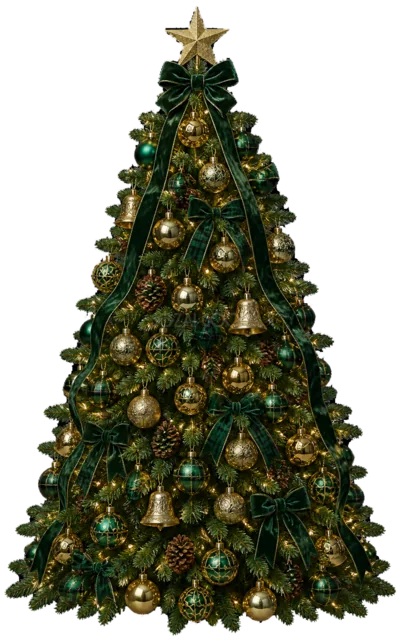 深緑と金のクラシックツリーを描いたリアルなもみの木の王道クリスマスツリーイラスト