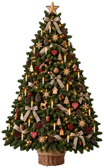 ピンクリボンと木製飾りのツリーを描いたリアルなもみの木の王道クリスマスツリーイラスト