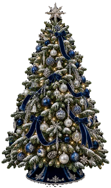 青と銀のオーナメントツリーを描いたリアルなもみの木の王道クリスマスツリーイラスト