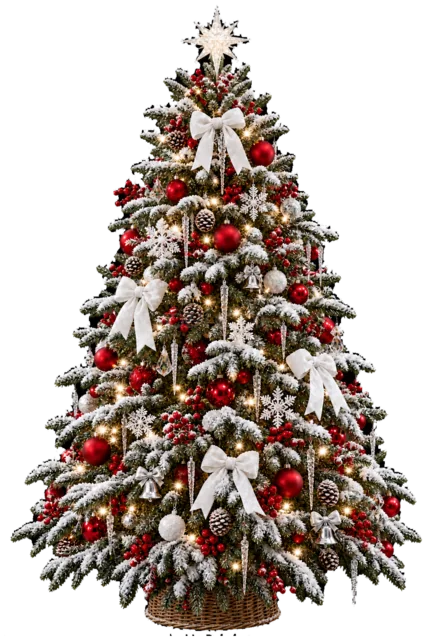 雪と赤い実のツリーを描いたリアルなもみの木の王道クリスマスツリーイラスト