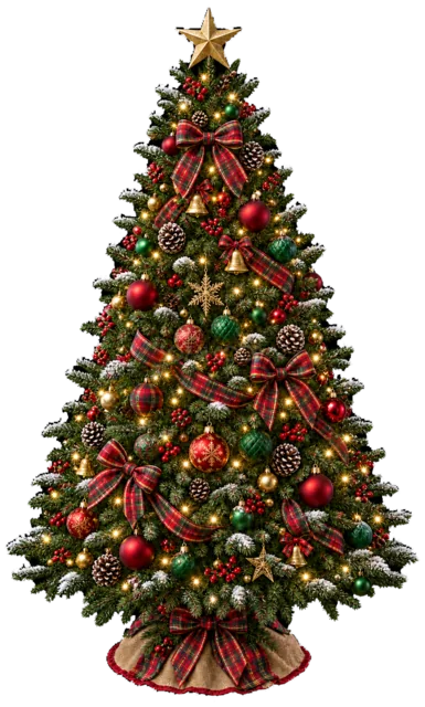 赤いリボンを巻いた王道ツリーを描いたリアルなもみの木の王道クリスマスツリーイラスト