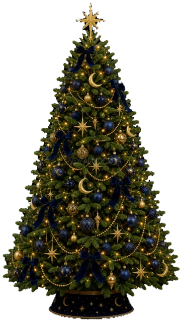 青と金のオーナメントツリーを描いたリアルなもみの木の王道クリスマスツリーイラスト