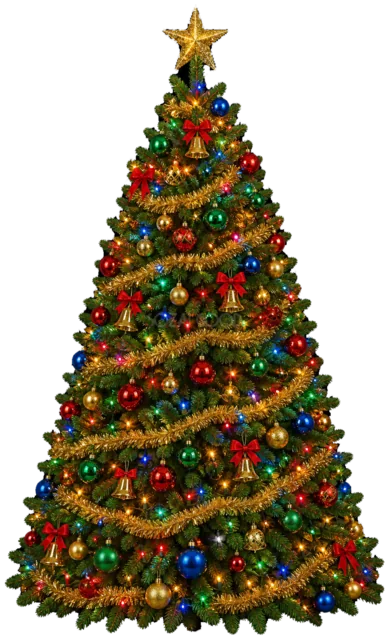 色とりどりのライトのツリーを描いたリアルなもみの木の王道クリスマスツリーイラスト