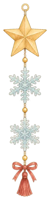 星と雪の結晶の吊り下げ飾りを描いた水彩絵本タッチのかわいいクリスマス飾りイラスト