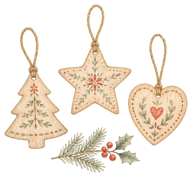 木製ツリー・星・ハートのオーナメントを描いた水彩絵本タッチのかわいいクリスマス飾りイラスト