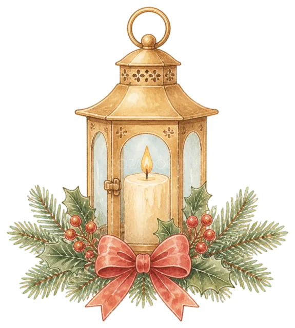 キャンドル入りランタンを描いた水彩絵本タッチのかわいいクリスマス飾りイラスト