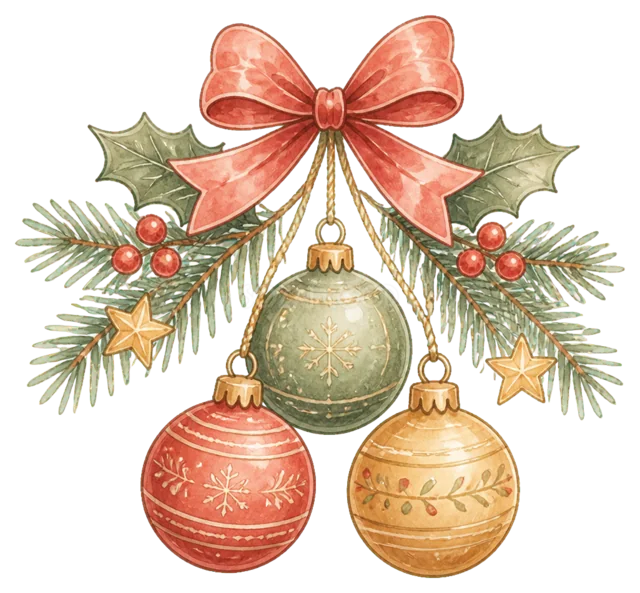 赤いリボンと三色オーナメントを描いた水彩絵本タッチのかわいいクリスマス飾りイラスト