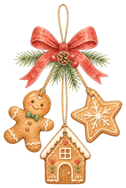 ジンジャーブレッドの吊り下げ飾りを描いた水彩絵本タッチのかわいいクリスマス飾りイラスト