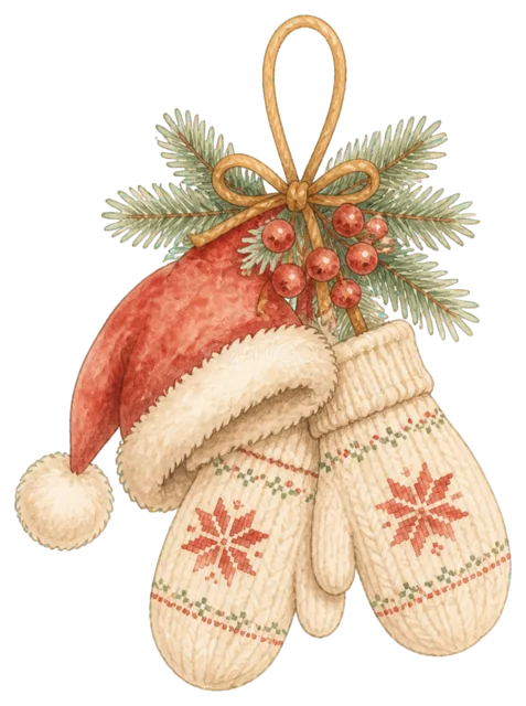 サンタ帽とミトンの飾りを描いた水彩絵本タッチのかわいいクリスマス飾りイラスト