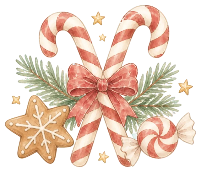 キャンディケインとクッキーの飾りを描いた水彩絵本タッチのかわいいクリスマス飾りイラスト