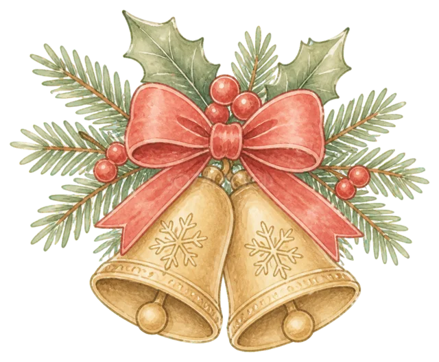 赤いリボンと金のベルを描いた水彩絵本タッチのかわいいクリスマス飾りイラスト