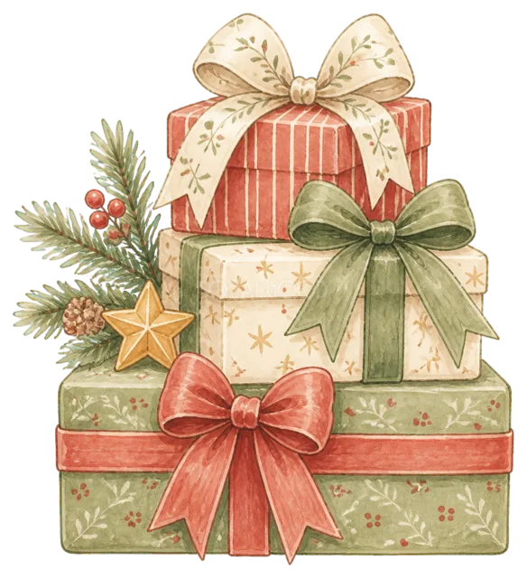 重ねたプレゼント箱を描いた水彩絵本タッチのかわいいクリスマス飾りイラスト