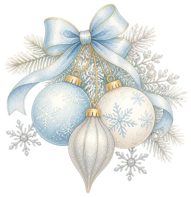 青いリボンと水色オーナメントを描いた水彩絵本タッチのかわいいクリスマス飾りイラスト