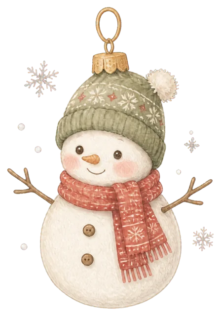 雪だるまのオーナメントを描いた水彩絵本タッチのかわいいクリスマス飾りイラスト