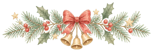 赤いリボンとベルの飾りを描いた水彩絵本タッチのかわいいクリスマス飾りイラスト