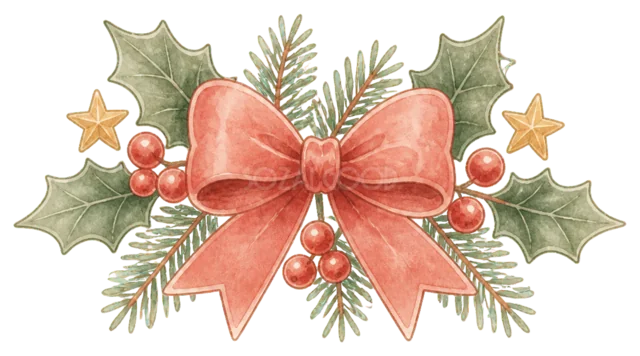 赤いリボンとヒイラギの飾りを描いた水彩絵本タッチのかわいいクリスマス飾りイラスト