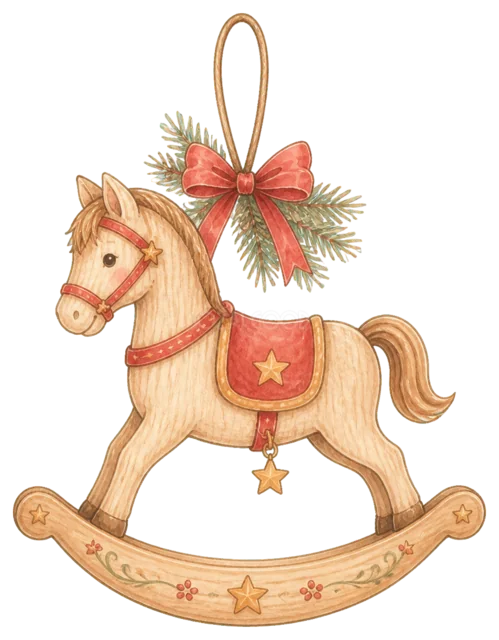 木馬のオーナメントを描いた水彩絵本タッチのかわいいクリスマス飾りイラスト
