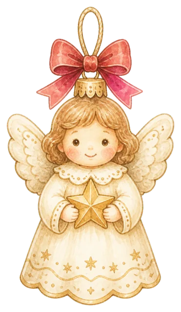 天使のオーナメントを描いた水彩絵本タッチのかわいいクリスマス飾りイラスト