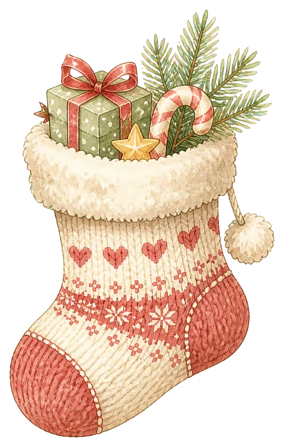 贈り物が入ったクリスマス靴下を描いた水彩絵本タッチのかわいいクリスマス飾りイラスト