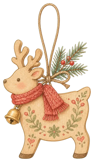 トナカイのオーナメントを描いた水彩絵本タッチのかわいいクリスマス飾りイラスト
