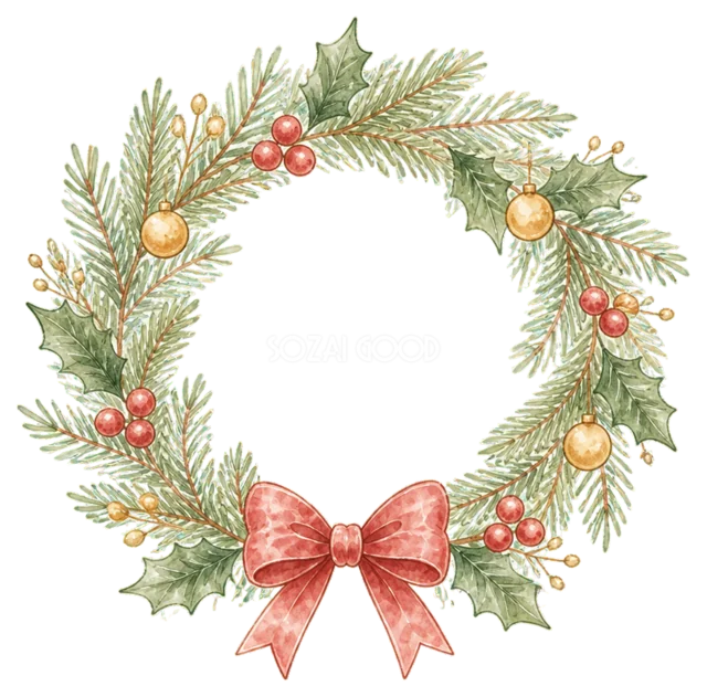 赤いリボンのクリスマスリースを描いた水彩絵本タッチのかわいいクリスマス飾りイラスト