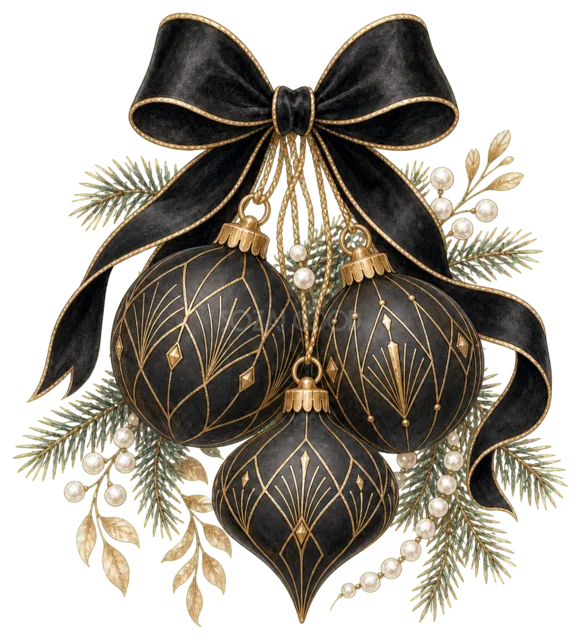 黒いリボンと黒金のオーナメントを描いた上品で豪華なクリスマスオーナメントイラスト