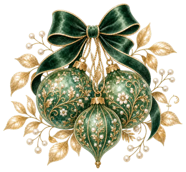 深緑リボンと緑金のオーナメントを描いた上品で豪華なクリスマスオーナメントイラスト