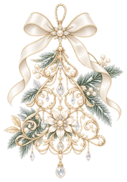 白い細リボンと銀金の飾りを描いた上品で豪華なクリスマスオーナメントイラスト