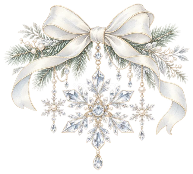 白いリボンと雪の結晶飾りを描いた上品で豪華なクリスマスオーナメントイラスト