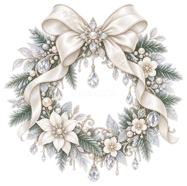 白いリボンと冬花のリースを描いた上品で豪華なクリスマスオーナメントイラスト