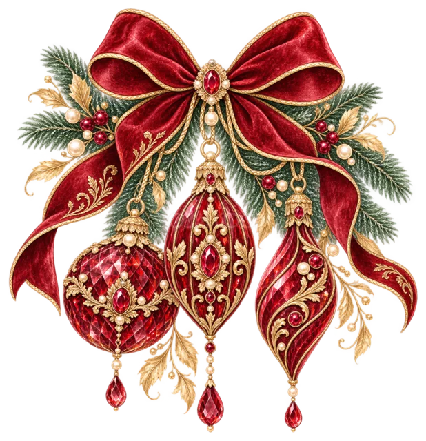 赤いベルベットリボンと宝石飾りを描いた上品で豪華なクリスマスオーナメントイラスト