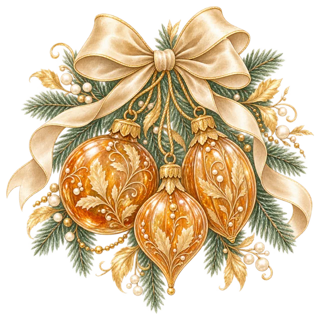 金色リボンと琥珀色オーナメントを描いた上品で豪華なクリスマスオーナメントイラスト