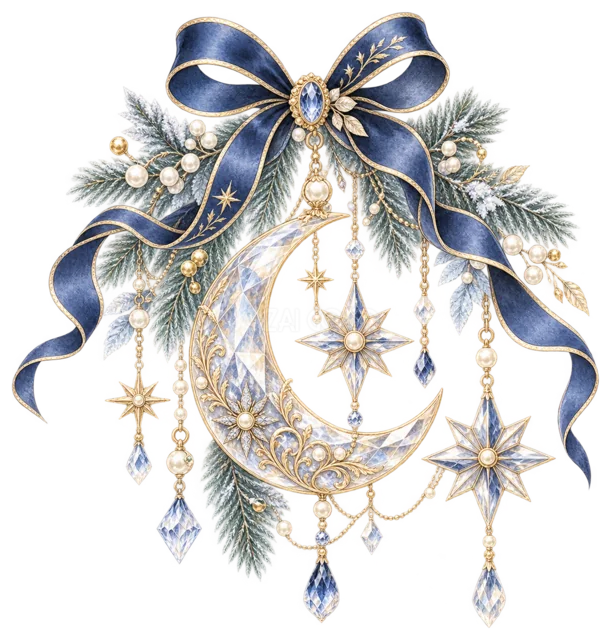 紺色リボンと星月の飾りを描いた上品で豪華なクリスマスオーナメントイラスト